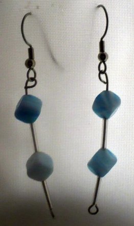 earrings made with light blue cube shaped beads and light blue bugle beads