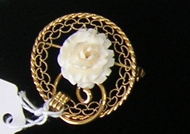 Vintage Fillagree Circle Brooch Pendant Carved Ivory Coral Rose