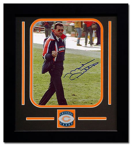 Mike Ditka Autographed Team Medallion Framed Flipping The Bird Photograph - 8 x 10