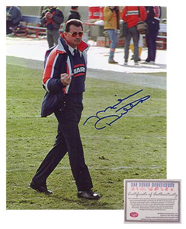 Mike Ditka Autographed Team Medallion Flipping The Bird Photograph - 8 x 10