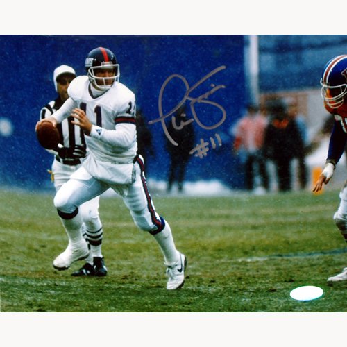Phil Simms Autographed Photograph - 8x10 Passing In Snow Vs. Denver in Silver Ink