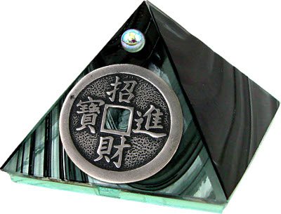Black Glass Pyramid with Chinese Coin Metal - 2 inches