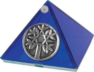 Cobalt Blue Glass Pyramid with Tree of Life 2 inches Metaphysical