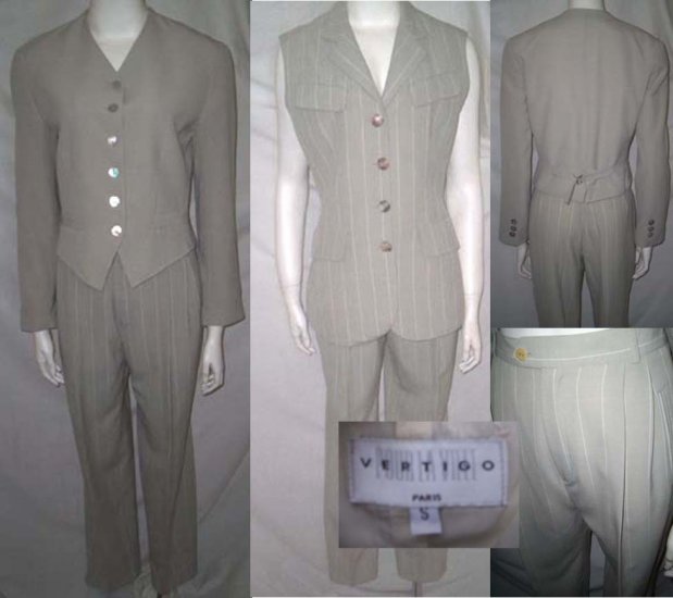 new! VERTIGO 3 pc Pants Suit * Beige White ~ Wool Blend * Women's Size Small * Free Shipping