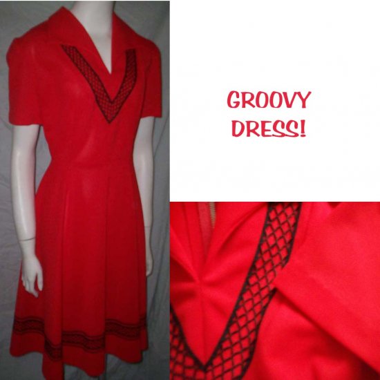 VinTagE 70's Red & Black Flair Skirt Dress * Stunning Polyester!* Women's Size Large