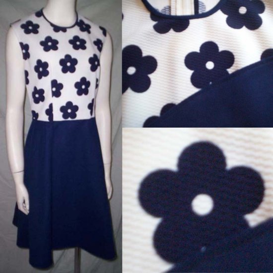 VinTagE 70's FLOWER POWER DRESSPolyester Navy & White * GRoOvy! * Women's Size Large