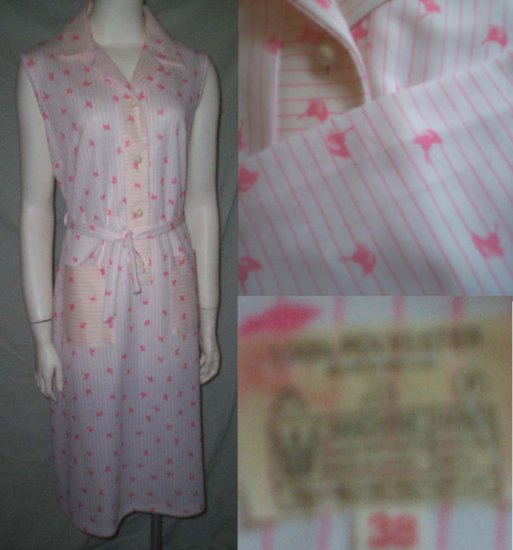 VinTagE 70's Pink & White Print Shirt Dress * Stunning Polyester Tie Dress * Women's Size Large