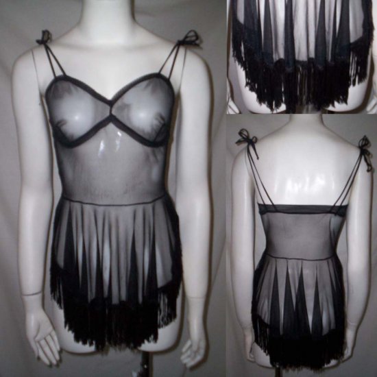 SEXY BLACK SHEER CHEMISE * See Through Babydoll! Fringe * Women's Size Small *** PRIVATE ***