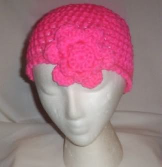 Hand Crochet Hot Pink Mesh Hat with Hot Pink Flower