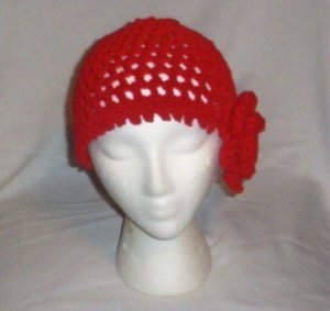 Hand Crochet Red Mesh Beanie with Red Flower