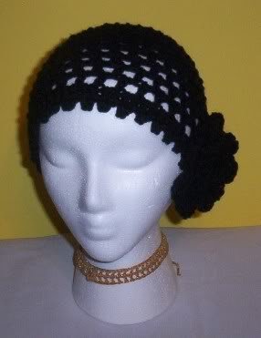 Hand Crochet Black Mesh Beanie with Black Flower