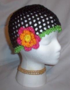 Hand Crochet Ladies Black Mesh Beanie with a Fushia Flower