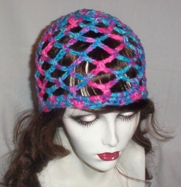 Hand Crochet Summer Mesh Juliet Cap - Shades of pink purple and blues