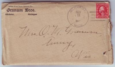 Gilchrist Michigan 4 Bar Cancel on Cover w/Enclosure DPO 1879-1923 Mackinac County Free Shipping!!