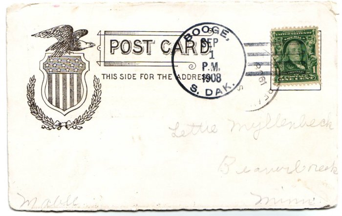 Booge South Dakota 1908 4 Bar Cancel on Postcard DPO 1891-1935 Free Shipping!!