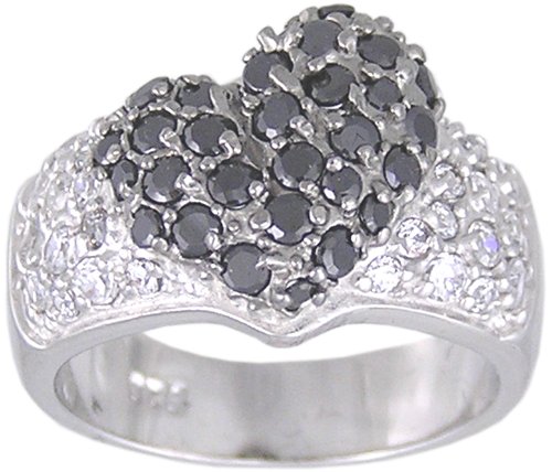 BLACK PAVE CZ SILVER HEART RING SIZE 5 6 7 8 9 or 10