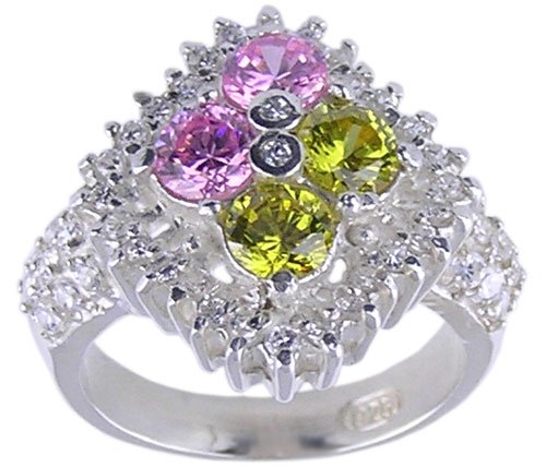 PINK YELLOW CUBIC ZIRCONIA SILVER RING SIZE 6 7 or 9