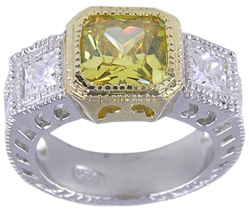 YELLOW CUBIC ZIRCONIA CZ SILVER 2 TONE RING SIZE 8