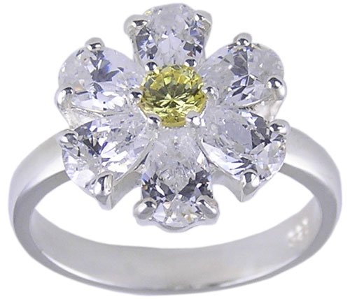 YELLOW CUBIC ZIRCONIA CZ SILVER RING SIZE 6 FLOWER