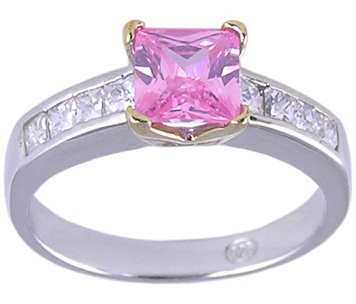 PINK CUBIC ZIRCONIA CZ SILVER 2 TONE RING SIZE 7 or 8