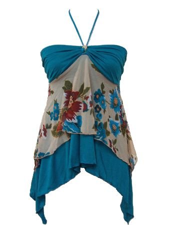 Blue Chiffon Solid Floral Print Layered Halter Top Medium
