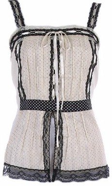 Beige Black BabyDoll Polka Dot Tie Back Top Medium
