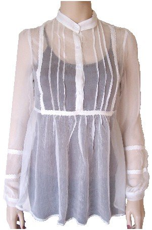 White Silk Sheer Long Button Top Medium