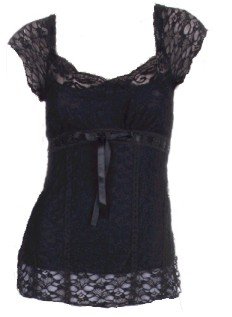 Black Lace Short Sleeves Top Blouse Large