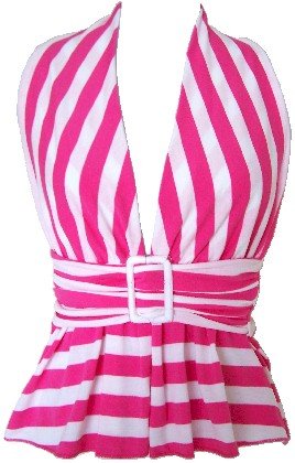 Pink Stripe Backless Tie Halter Top Blouse Large