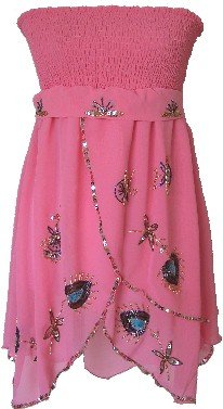 Coral Sequins & Beads Layered Chiffon Smocked Tube Top Blouse Medium