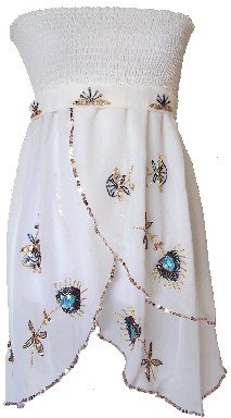Ivory Sequins & Beads Layered Chiffon Smocked Tube Top Blouse Large