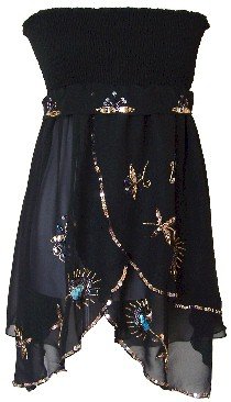 Black Sequins & Beads Layered Chiffon Smocked Tube Top Blouse Medium