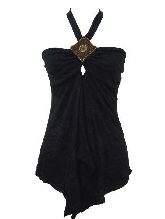 MandyII Black Crinkled Halter Top Blouse Small