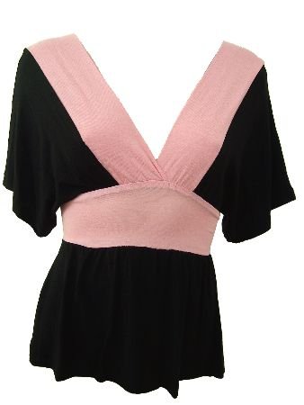 Black Pink Color Block Deep V-Neck Top Blouse Medium