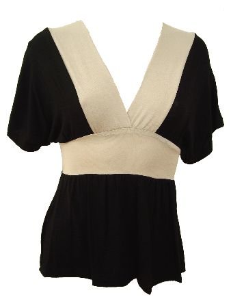 Black Beige Color Block Deep V-Neck Top Blouse Large
