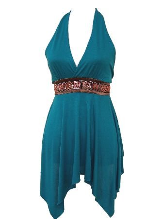 Blue Turquoise Ethnic Embroidered Satin Two Tie Halter Top Blouse Large