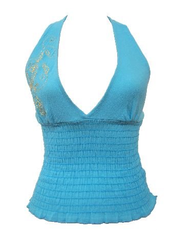 Blue Miriam Gauze Embroidered Halter Top Blouse Large