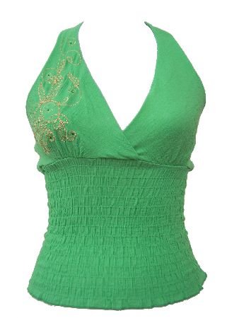 Green Miriam Gauze Embroidered Halter Top Blouse Medium