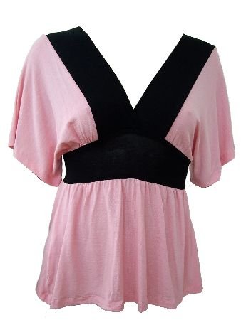 Pink Black Color Block Deep V-Neck Top Blouse Small