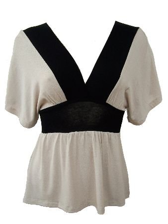 Beige Black Color Block Deep V-Neck Top Blouse Medium
