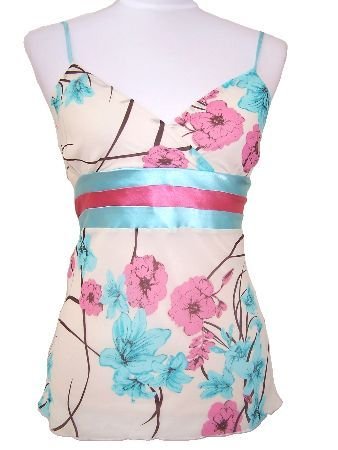Ivory Floral Print Semi Sheer Satin Waist Trim Top Blouse Large