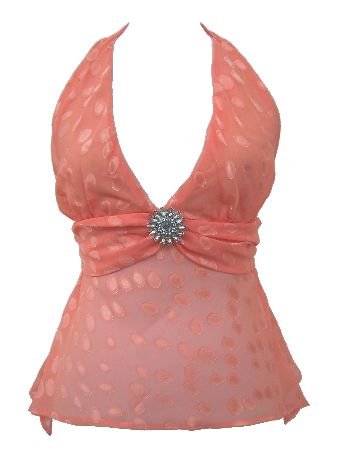 Orange Polka Dot Brooch Tie Back Halter Top Blouse Small