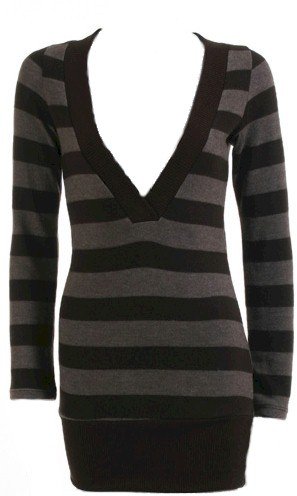 Brown Stripe Deep V-Neck Long Sleeve Sweater Medium