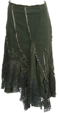 Olive Beaded Lace Denim Skirt Small
