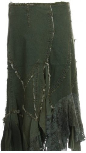 Olive Beaded Lace Denim Skirt Large