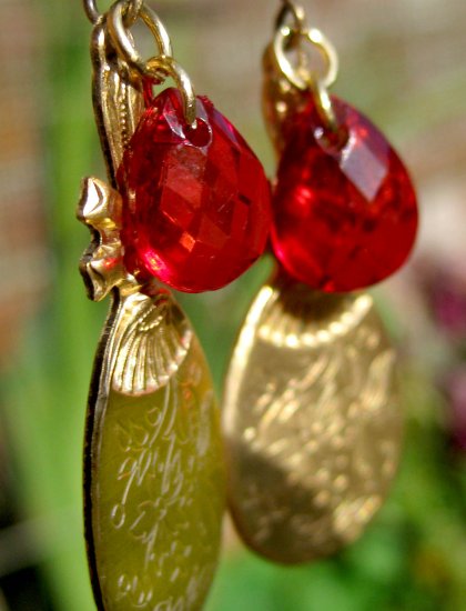 Handmade Earrings - Victorian Golden Mirror and Red Bead