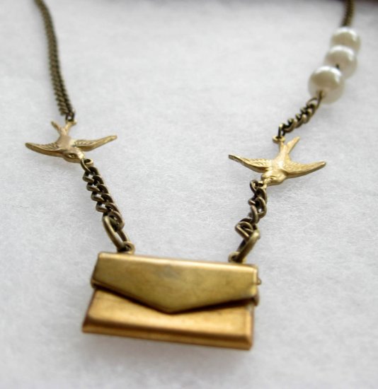 Handmade Necklace - Swallows with Envelope containing 'I Love You' Note!