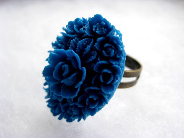 Handmade Ring - Deep Azure Blue Vintage Floral Cab