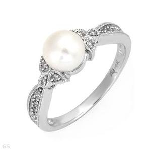 Pearl and Diamond Ring 14K White Gold Band Size 7.25
