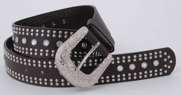 Brown Fashion Western Belt Rhinestone Leather Studs 37"
